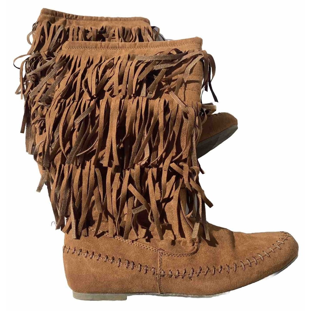 Arizona Women's Sz 7.5 Faux Suede Moccasin Boots Brown Fringe Calf Shoes Pull On